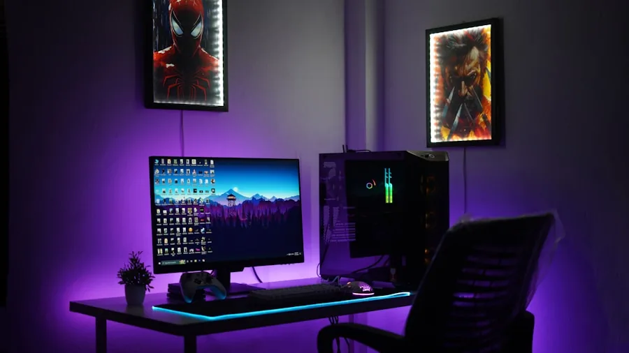 A serene gaming room with ambient lighting and minimal noise equipment for focused gameplay