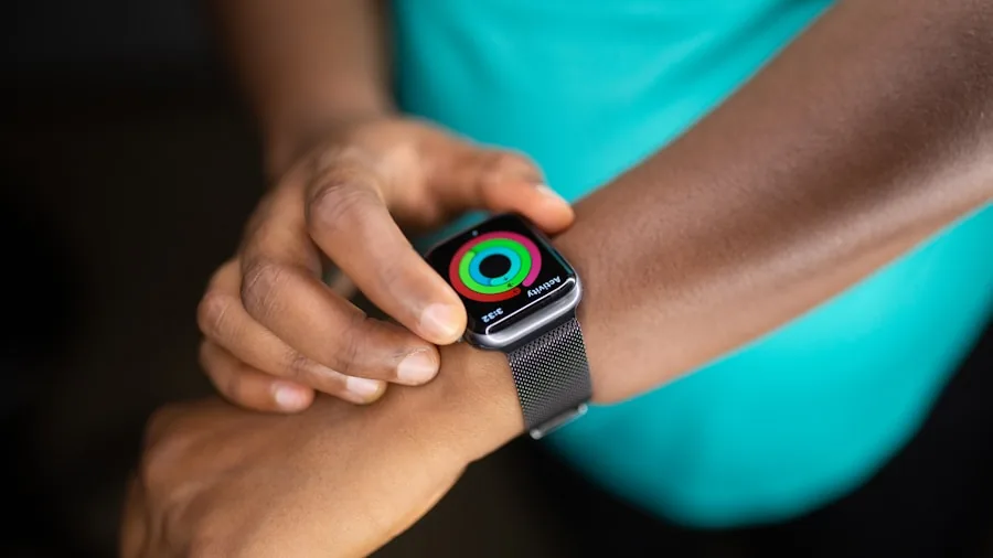 Active jogger monitoring heart rate and workout metrics during outdoor run
