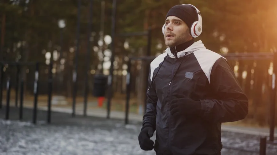 Active runner jogging outdoors wearing wireless earbuds during morning exercise in natural daylight