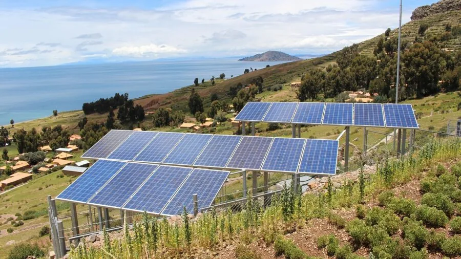 Aged solar panel showing signs of UV exposure and weathering in natural outdoor environment