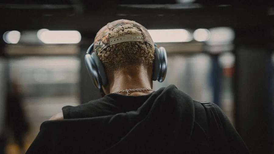 athlete wearing over-ear headphones workout