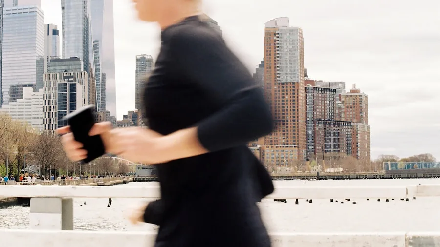 Athletic person checking phone during outdoor run, demonstrating multitasking while exercising