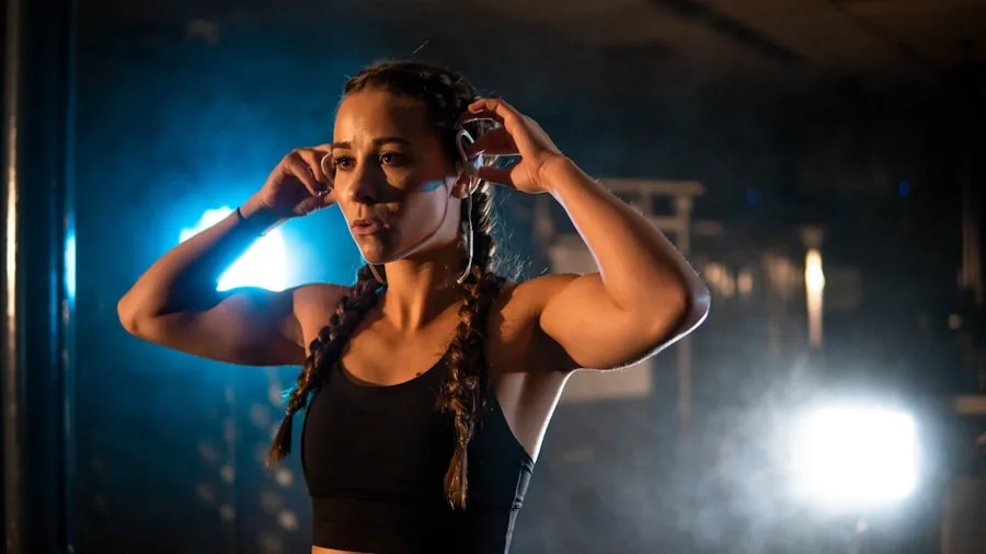 Athletic person fitting earbuds while exercising outdoors in natural daylight