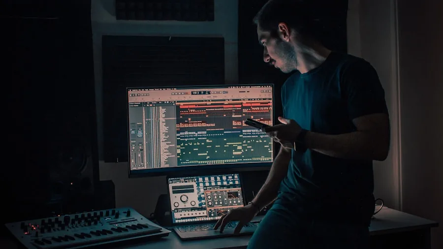 Audio engineer concentrating while monitoring sound in professional recording studio setup