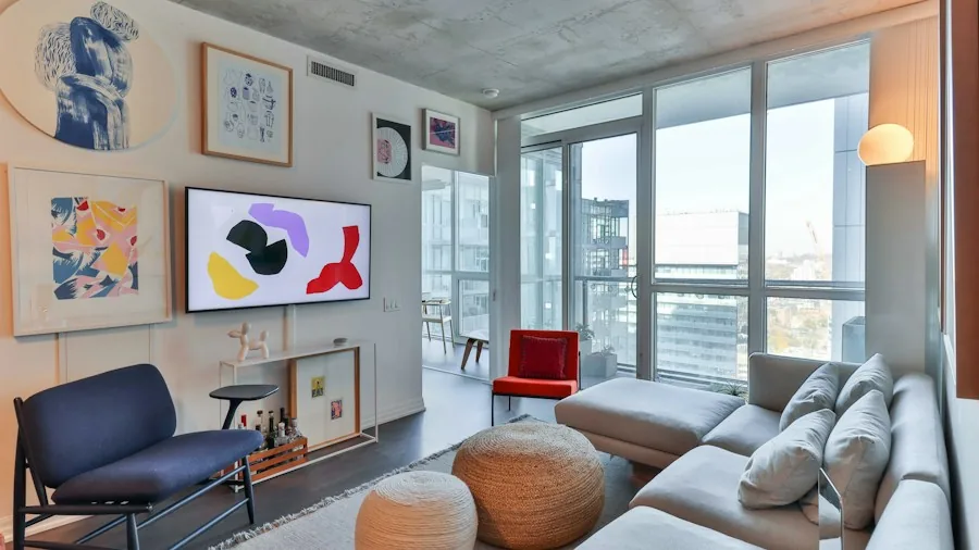 bright apartment living room with television