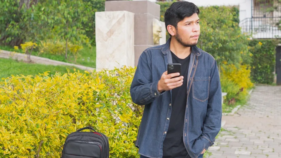 businessman traveling with smartphone and backpack