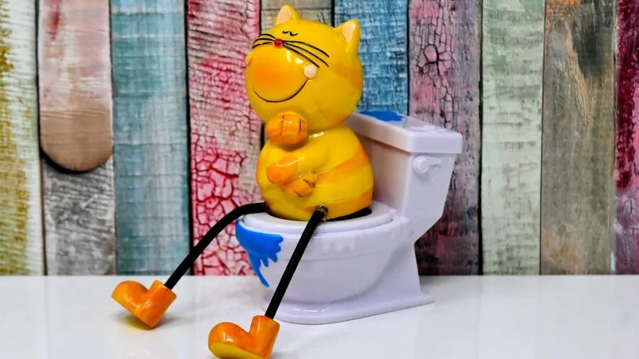 Cat using modern automatic litter box with cleaning mechanism in home setting