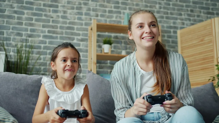children playing video games together living room