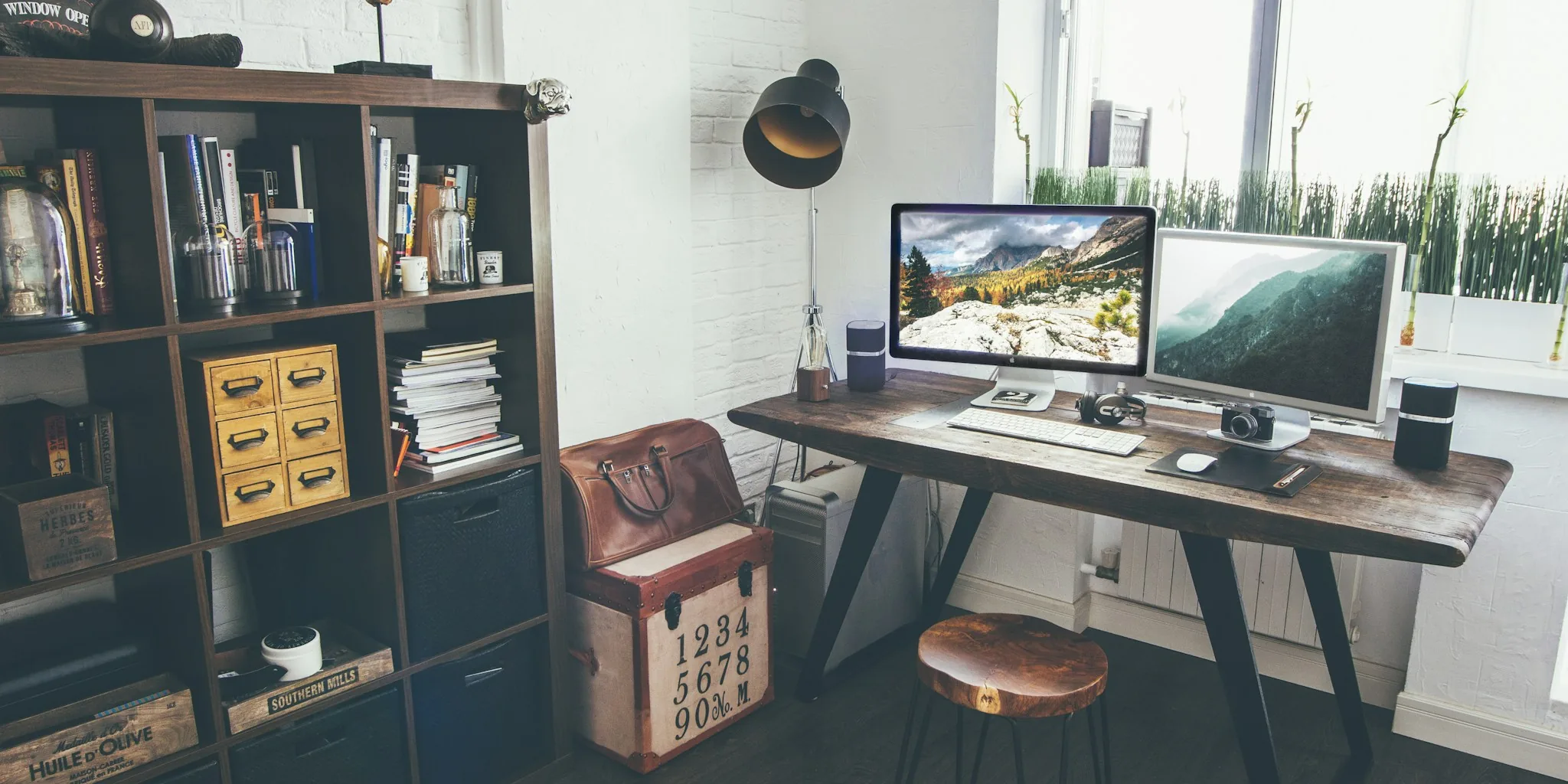compact computer desk setup workspace
