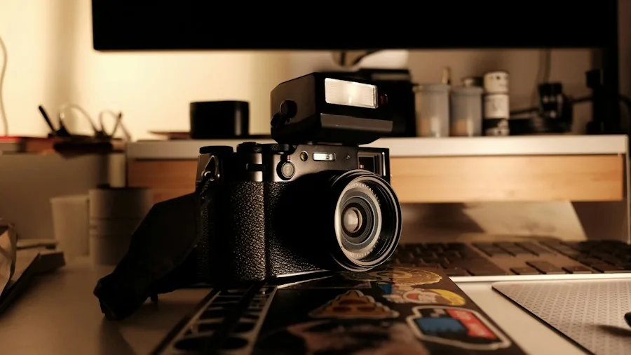 compact mirrorless camera on desk