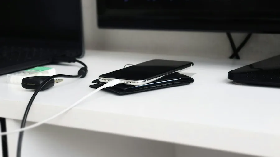 computer desk with USB cable Android phone connection