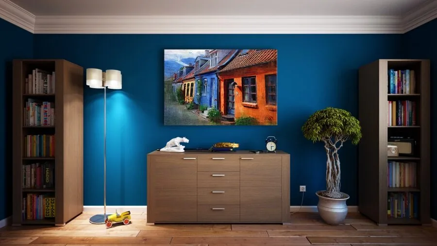 Contemporary living room with TV and audio setup for home entertainment experience