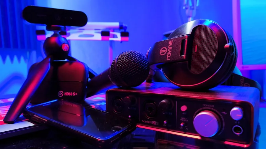 Content creator streaming live with professional camera equipment and lighting in home studio