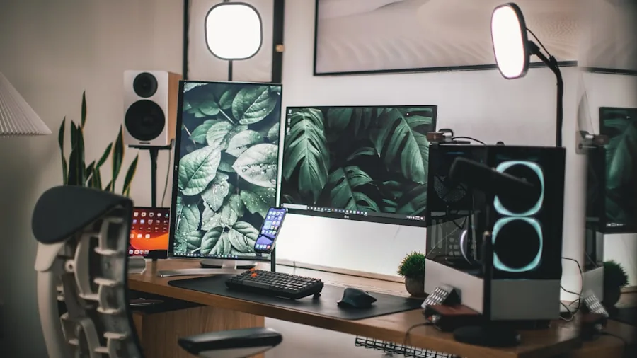 Developer's desk setup with connected external monitor, keyboard, and various cables showing a productive programming workspace