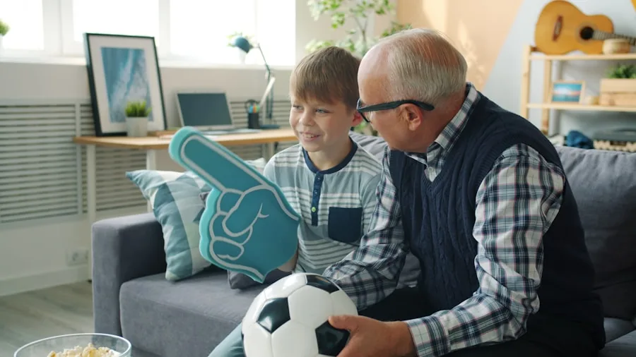Family gathered in bright living room watching sports on television during daytime