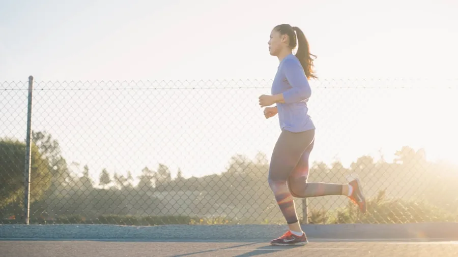 Female runner in motion on outdoor trail, demonstrating stable running form and athletic movement