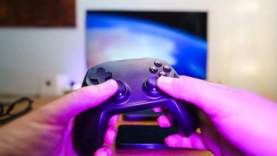 gamer holding game controller at home