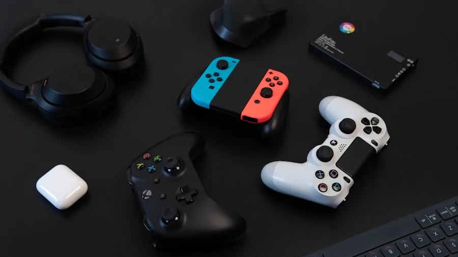 gamer with multiple controllers setup