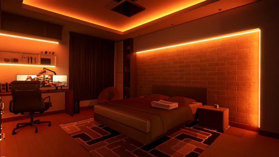 Gaming desk with colorful RGB lighting creating atmospheric glow in modern gaming room