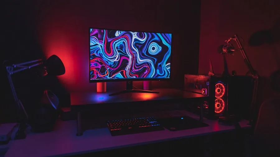 Gaming PC setup with visible cooling fans and airflow management in a home workspace environment