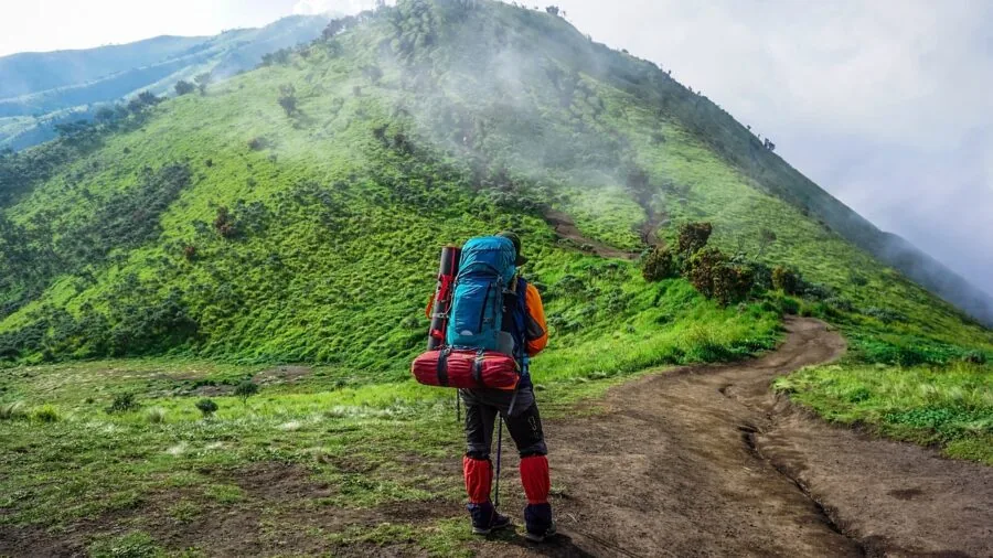 Hiker charging devices in natural sunlight during outdoor adventure in wilderness setting
