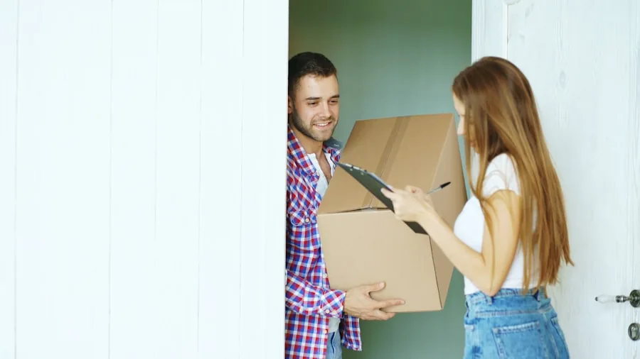Homeowner receiving a delivered package at their front door entrance