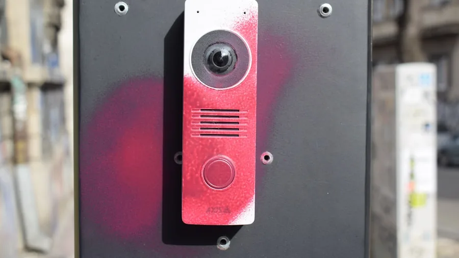 Homeowner using two-way audio intercom system to communicate with visitor at front door