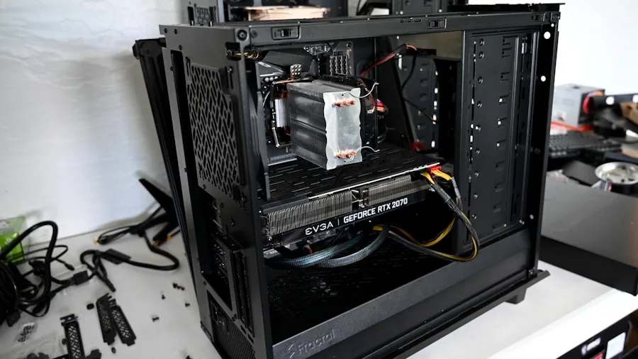 Interior view of open PC case showing component installation space and cooling system layout