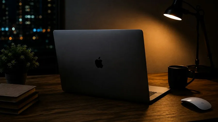 MacBook computer charging desk setup