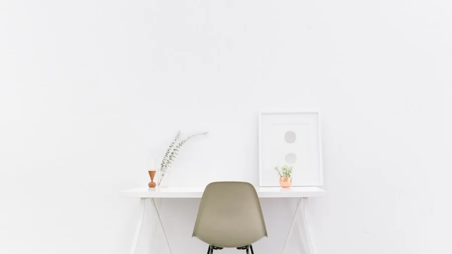 minimalist desk with cube-shaped device
