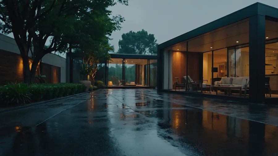 Modern home exterior entrance with rain weathering the front door area and surrounding architecture