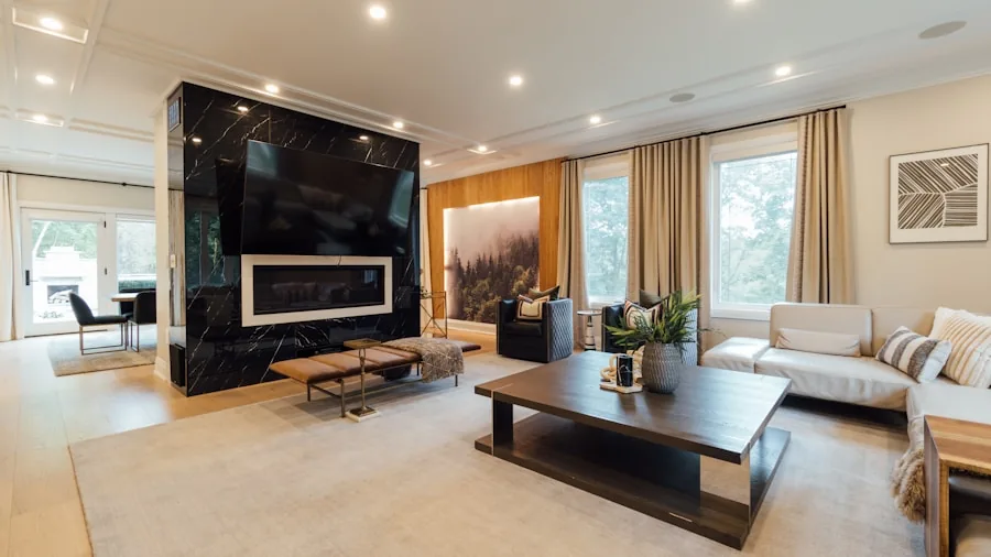 Modern living room with comfortable seating and quality audio speakers for home theater setup