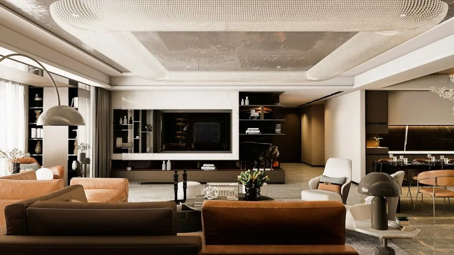 modern living room with multiple speakers