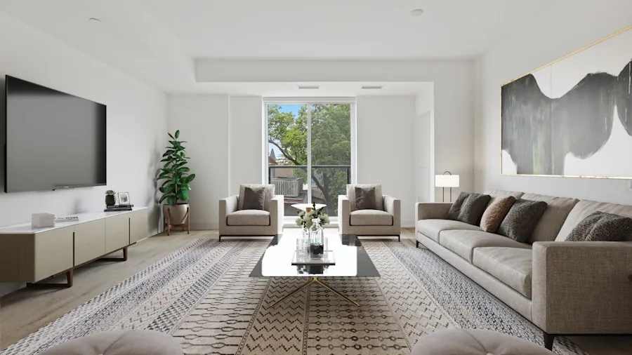 Modern living room with natural light streaming through windows, comfortable seating arranged for viewing