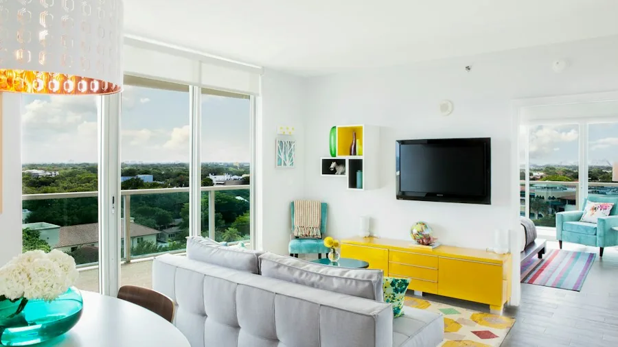 modern living room with wall mounted television