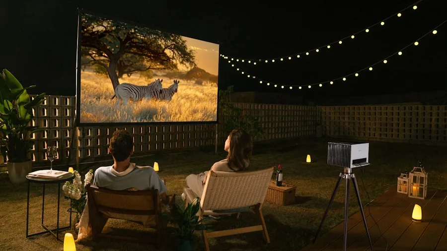 People watching outdoor movie projection with ambient porch and street lighting in evening setting
