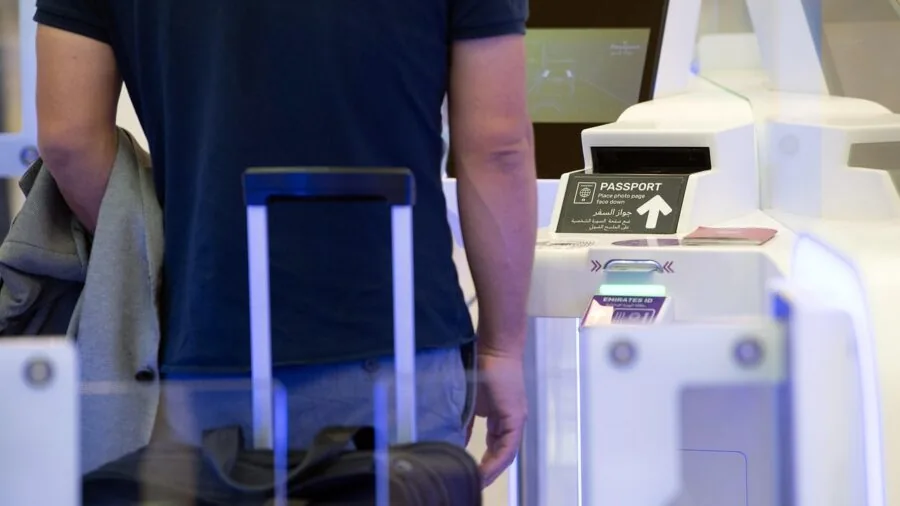 Person at airport security checkpoint with carry-on bag, emphasizing travel safety and compliance