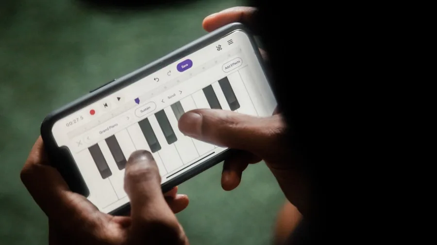 Person customizing audio settings on smartphone while listening to music with headphones