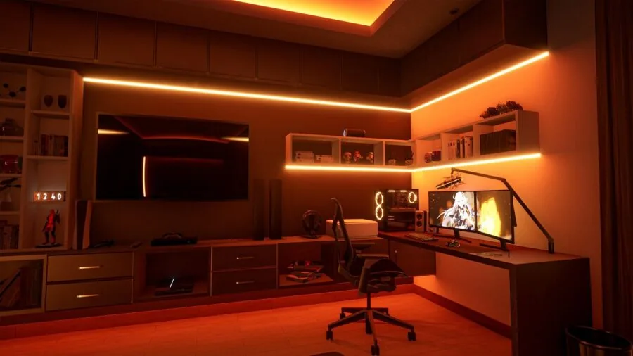 Person customizing RGB keyboard settings on computer monitor in modern gaming workspace