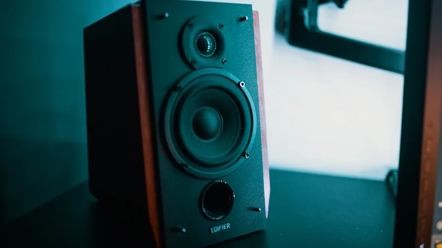 Person enjoying high-quality audio from speakers in home environment