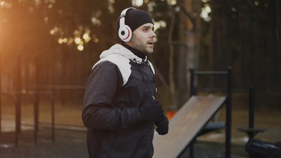 Person enjoying music with wireless earbuds in a natural outdoor setting
