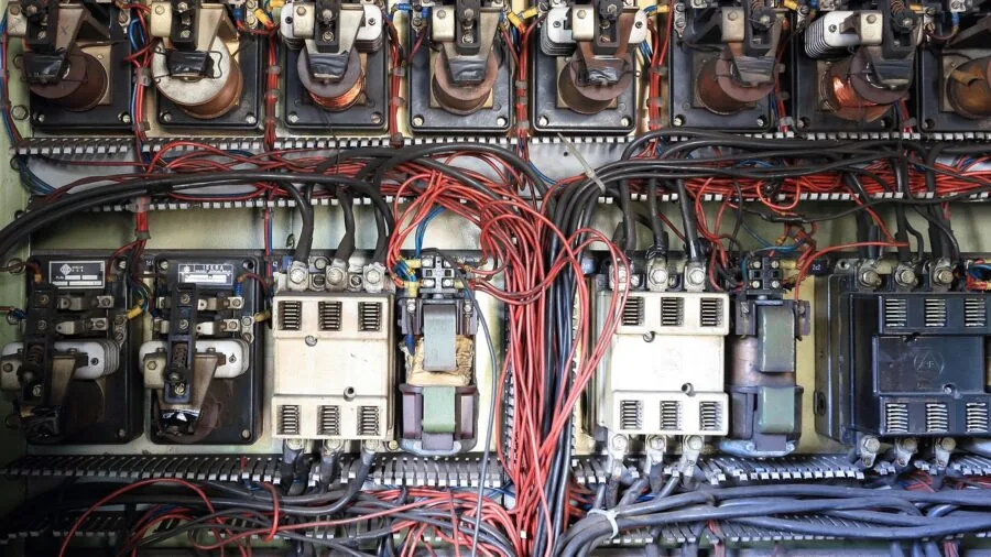 Person examining home HVAC system wiring and thermostat connections in utility area