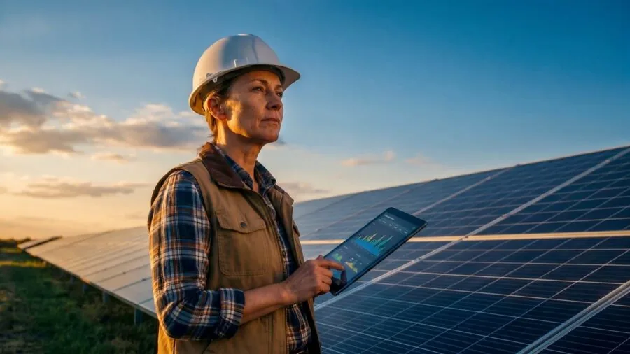 Person examining solar panel technology in natural outdoor setting during daytime