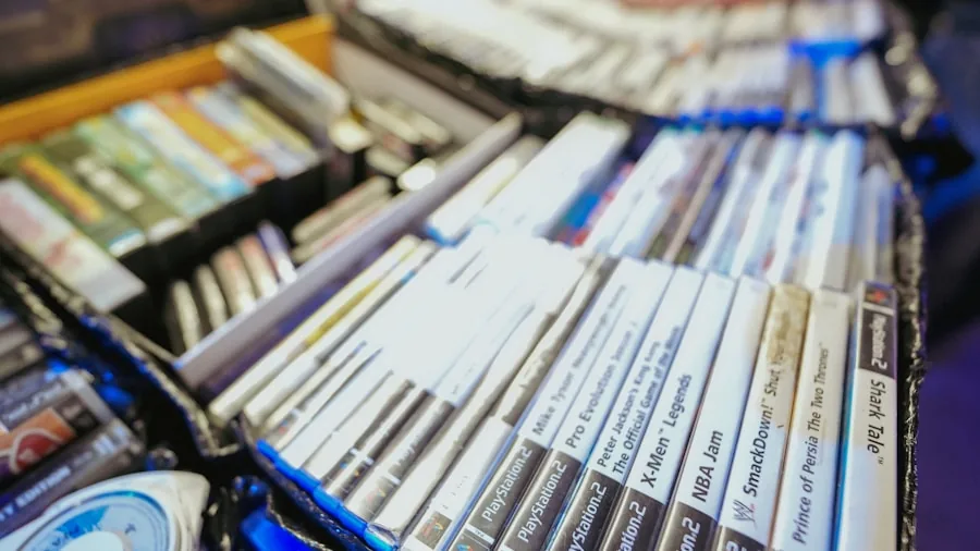 person examining video game disc collection