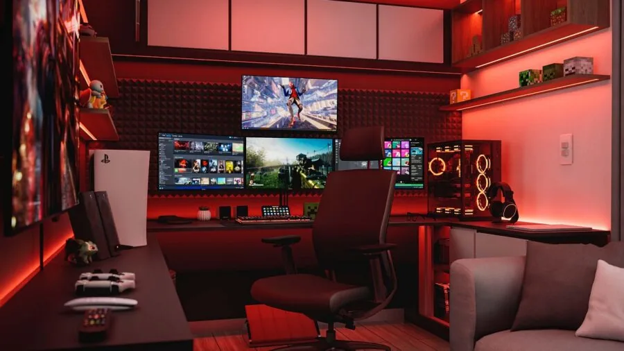 Person gaming in dimly lit room with bright screen display showing HDR contrast