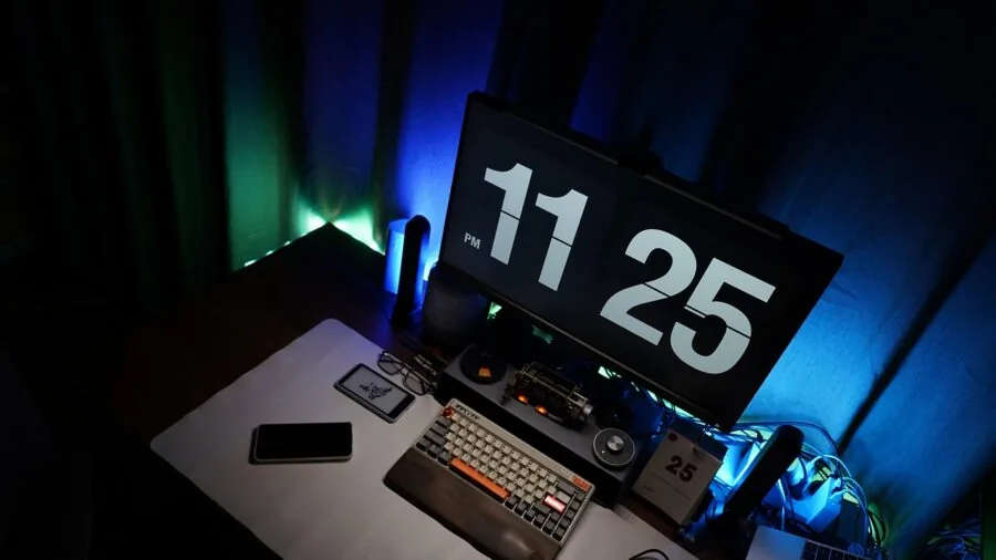 Person immersed in gaming at a desktop workstation with monitor display