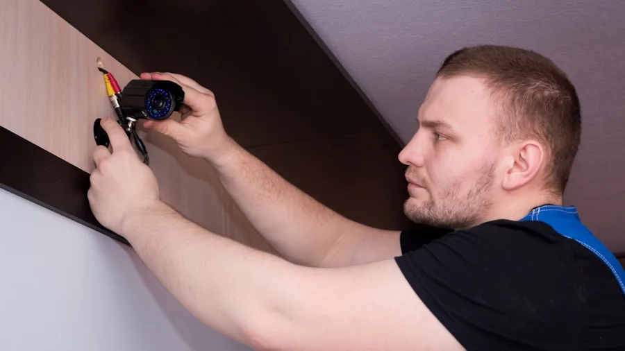 Person installing a doorbell on an apartment door frame without drilling permanent holes