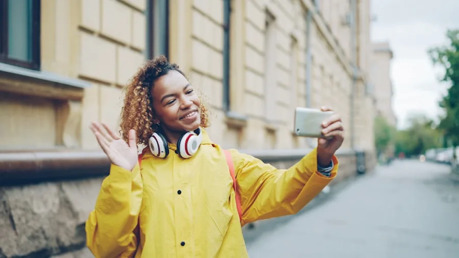Person on remote business call outside with natural lighting and blurred background