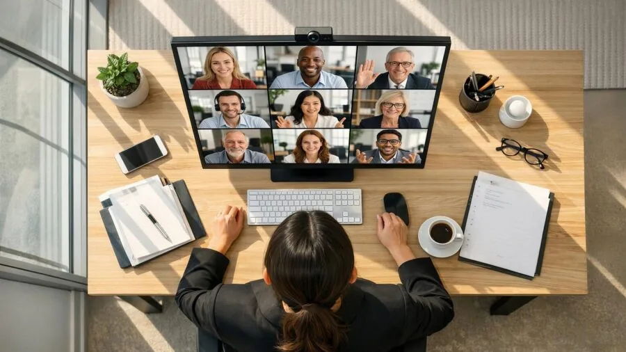 Person on video call at desk with laptop during remote work session