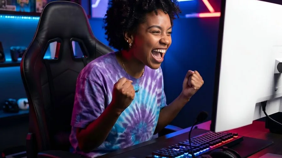 Person streaming gameplay on computer with multiple monitors showing video quality and performance metrics
